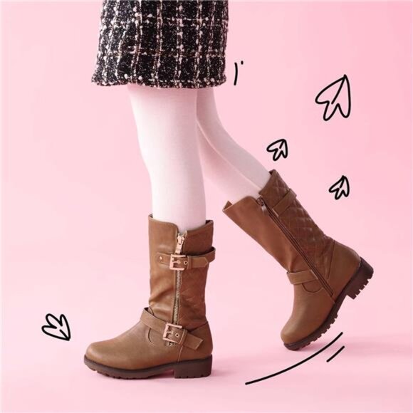 Girls Faux Fur Lining Knee High Winter Motorcycle Riding Boots Toddler/Kids - Picture 2 of 6